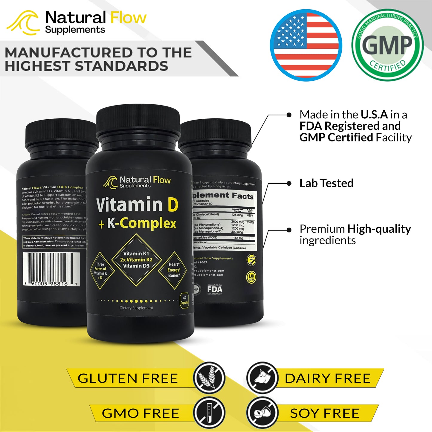 Vitamin D+K Complex with D3, K2, and K1  - 60 Capsules